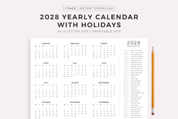 Download 2028 Year Calendar with Holidays - Day Collection