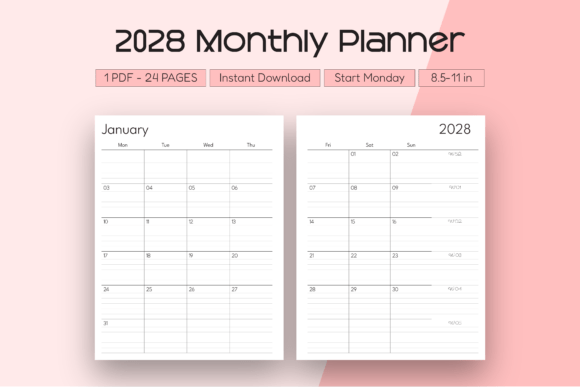 Download 2028 Monthly Planner (Start Monday) - Day Collection