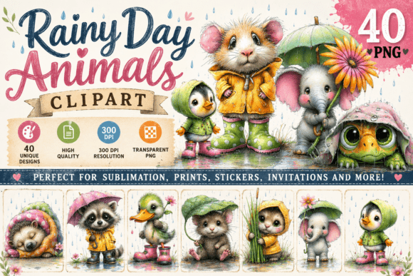 Download Rainy Day Animals Watercolor Clipart - Day Collection